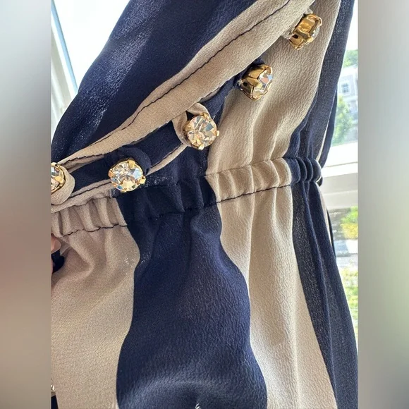 Rosamosario 100% Silk Bodysuit Playsuit Navy Cream Stripes Champagne Lace Silk - Picture 4 of 17